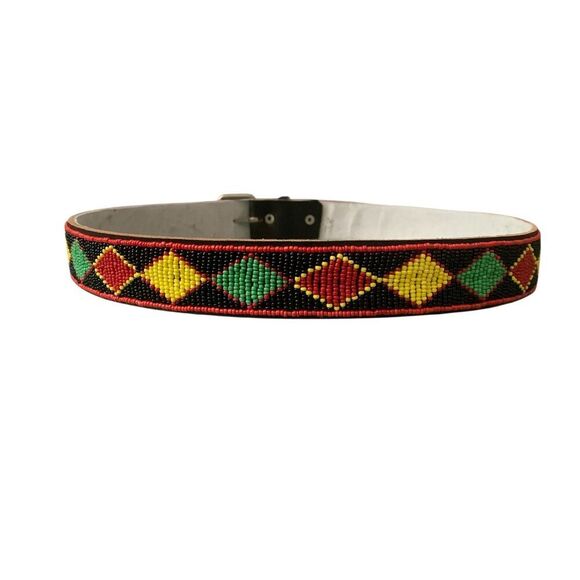 Beaded Leather Waist Belt Handmade Size 38 Red Yellow Green Boho Hippie Festival - Picture 10 of 10
